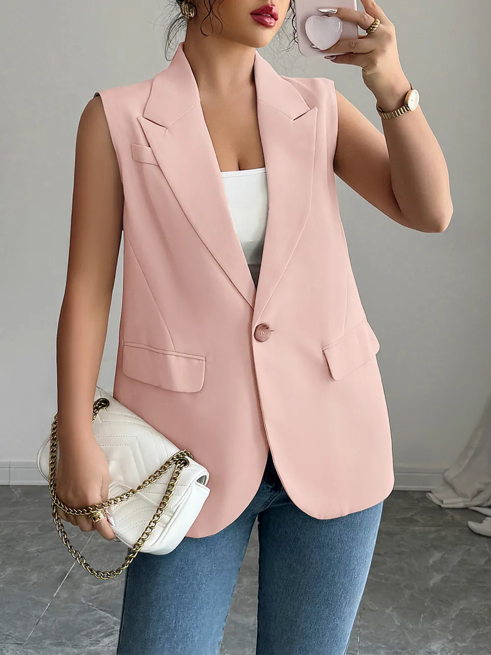 One Button V-Neck Blazer Vest Coat, image 10