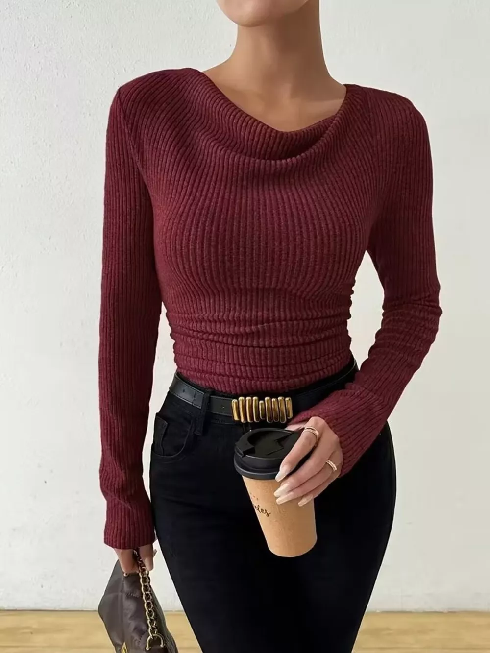 Cowl Neck Ribbed Knit Top, image 6