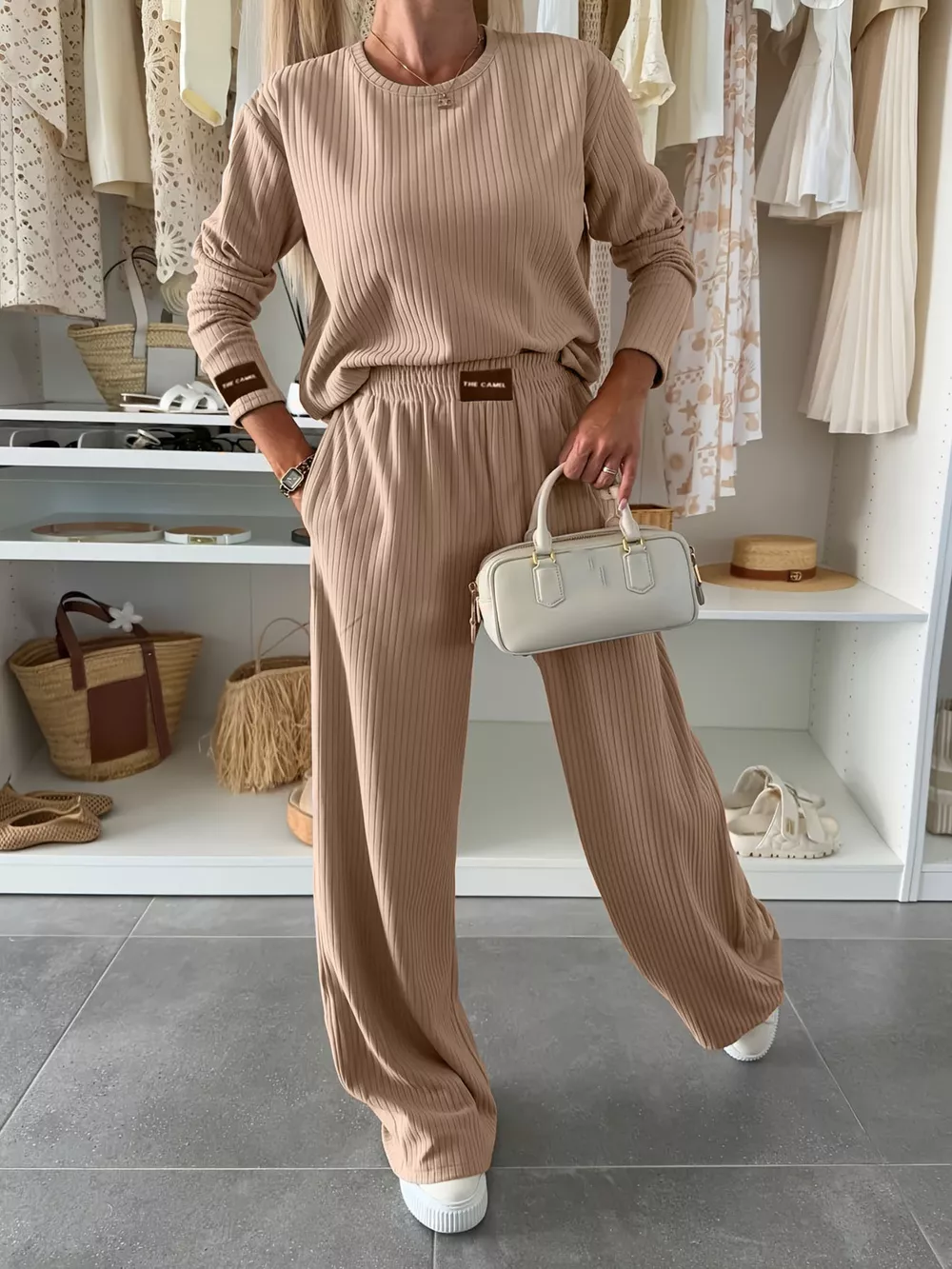 Ribbed Knit Round Neck Top and Pants Set, image 3
