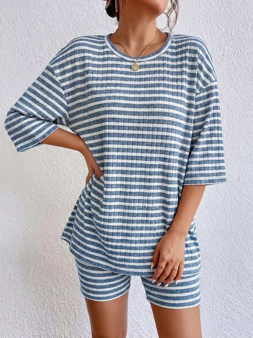 Striped Round Neck Top and Shorts Set, image 12