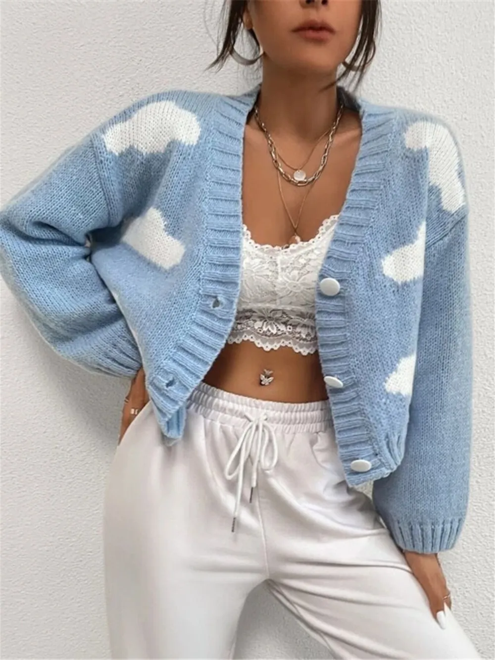 Contrast Cloud Pattern Cropped Button-Up Cardigan, image 11