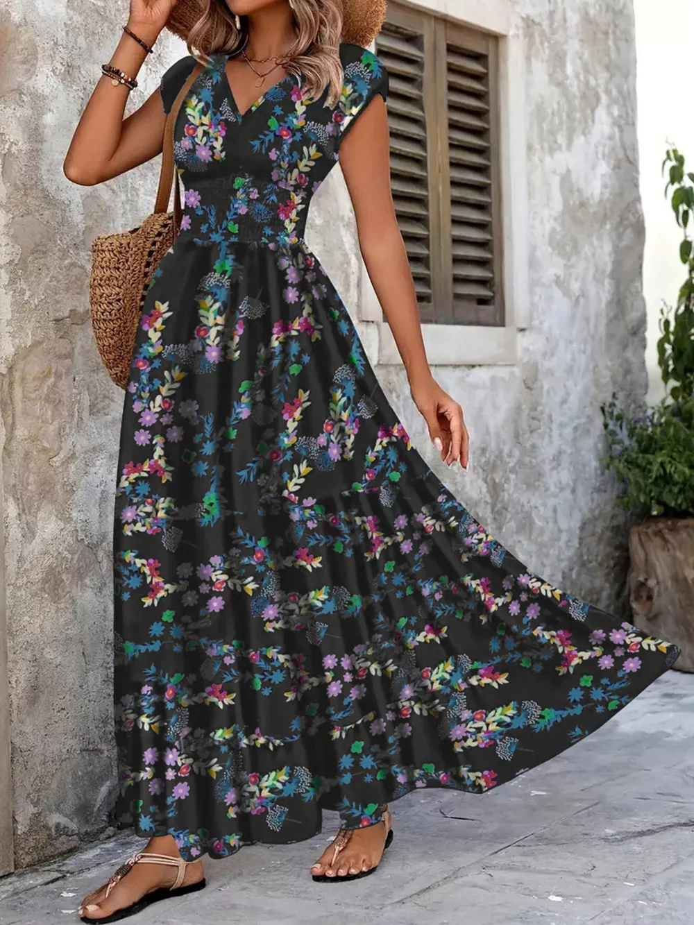 Printed V-Neck Cap Sleeve Maxi Dress, image 2