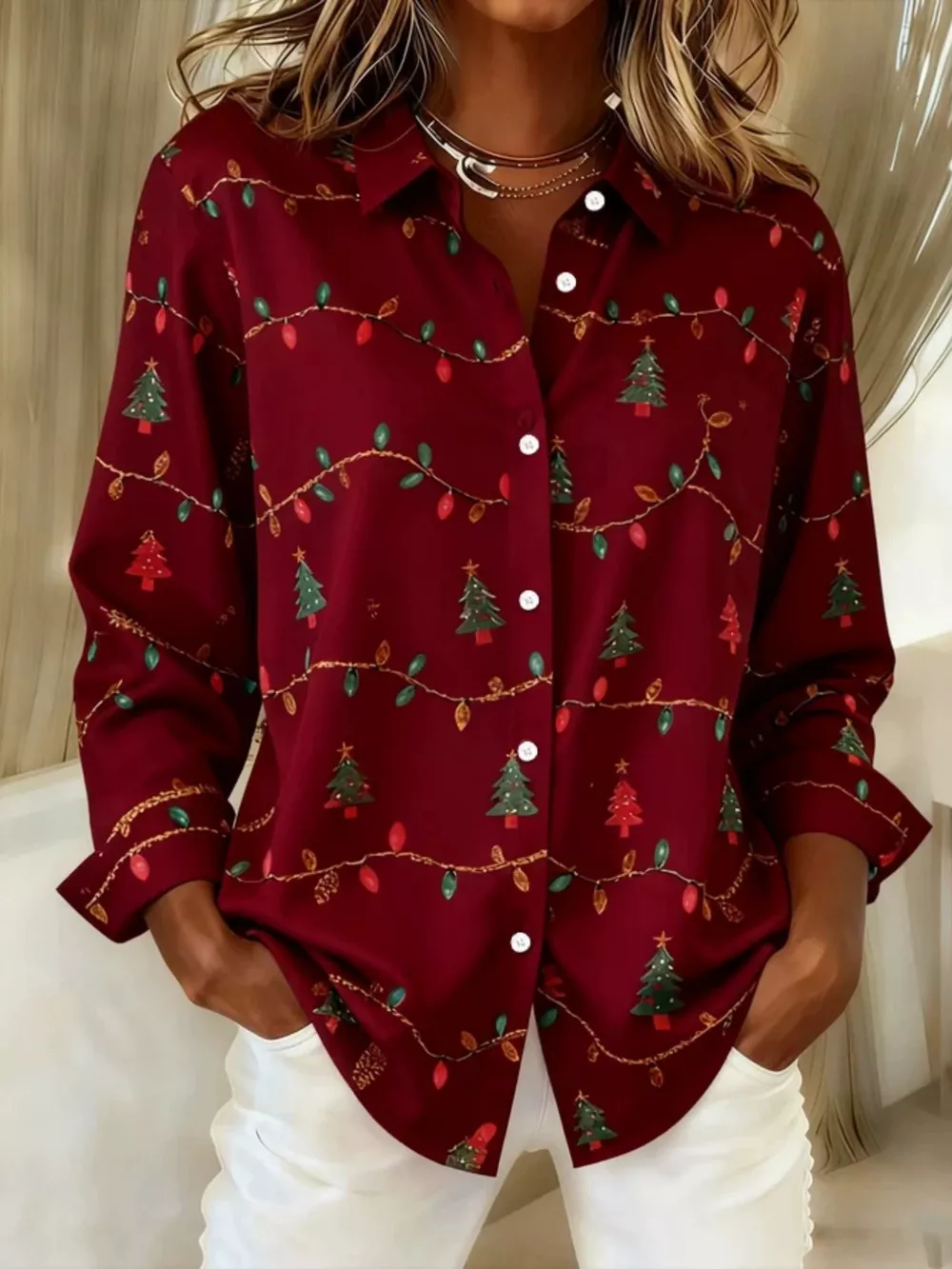 Full Size Christmas Tree Print Long Sleeve Button-Down Shirt Plus Size, image 9