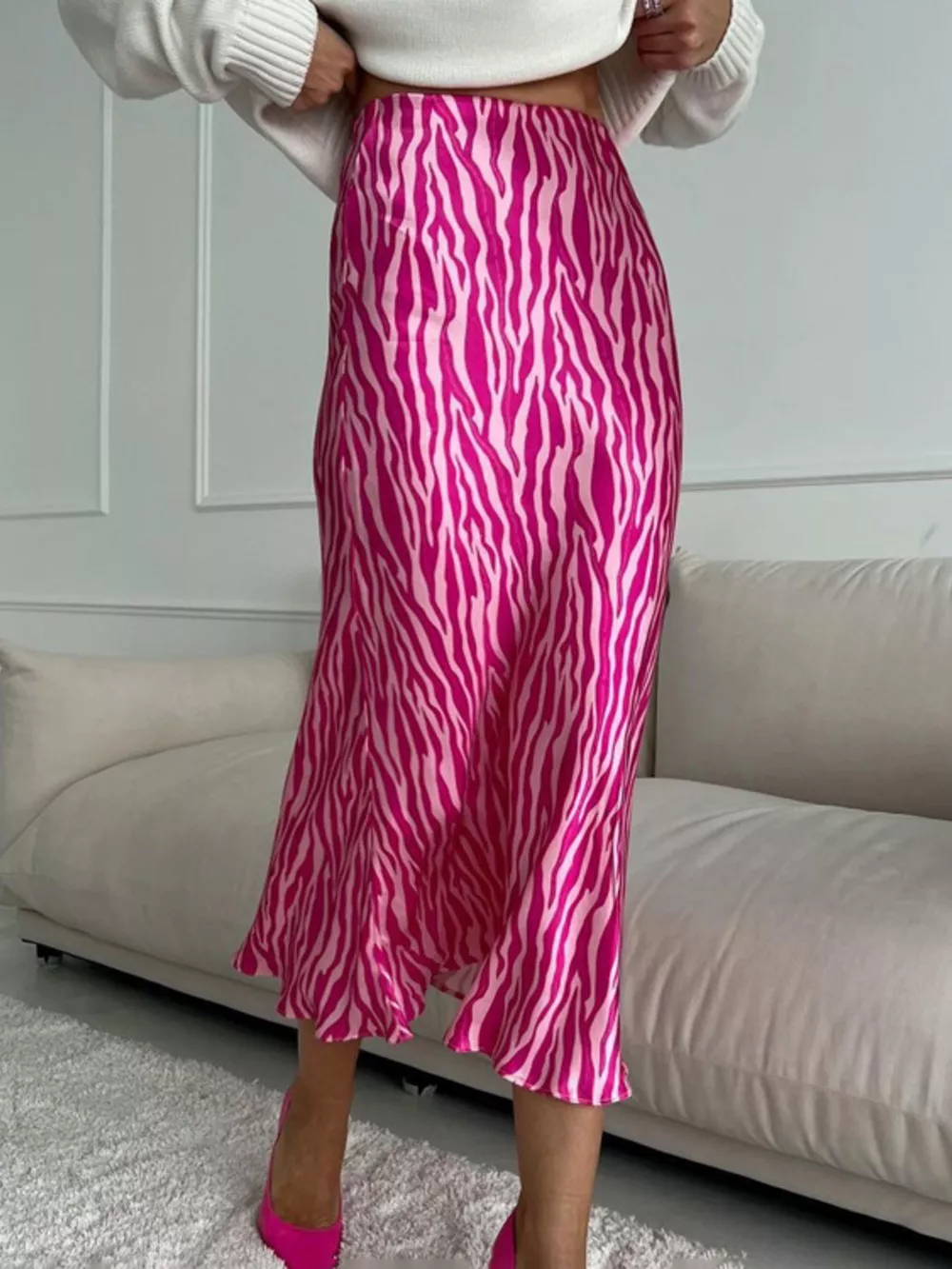 Satin Zebra Print Midi Skirt, image 4