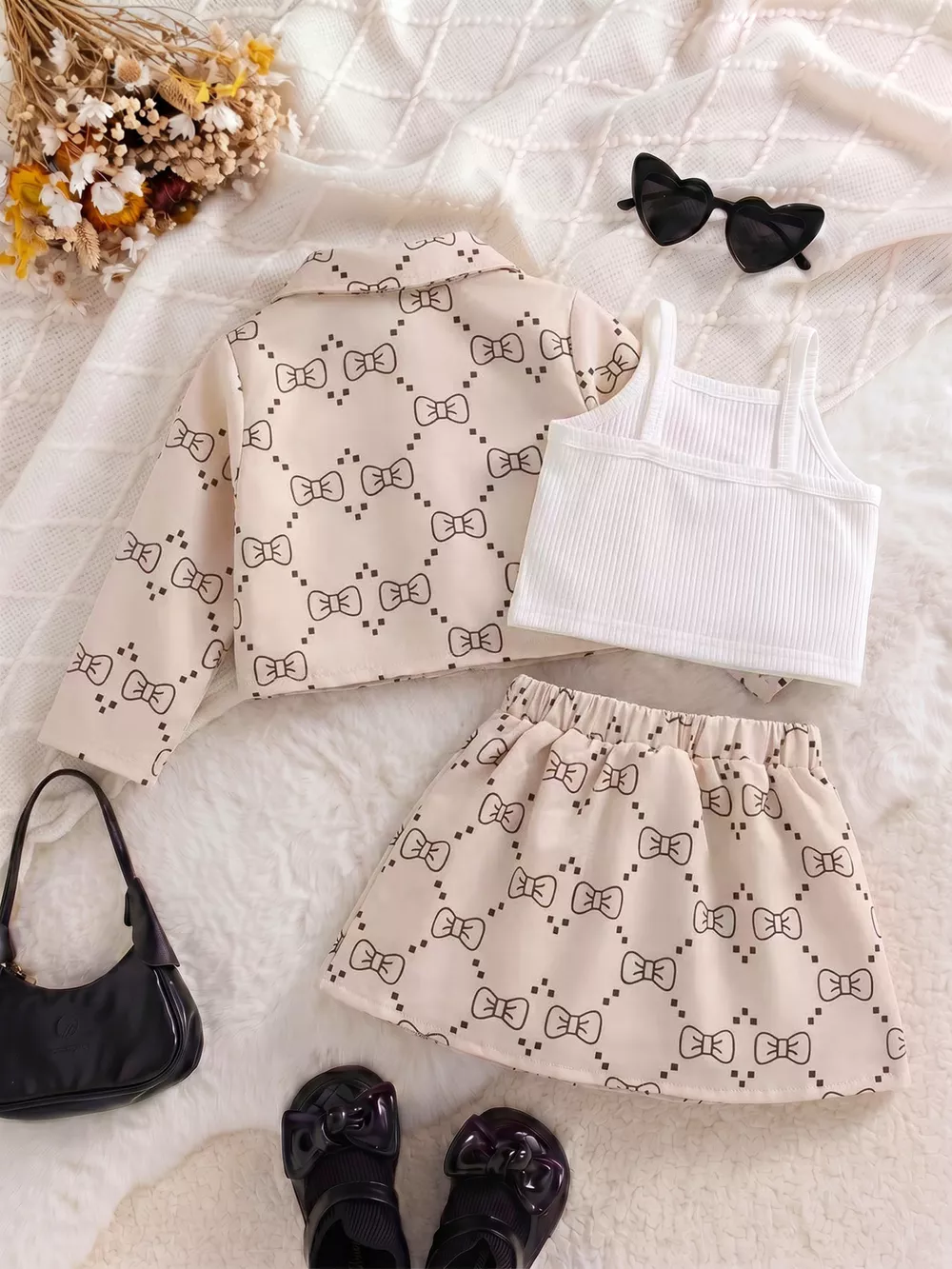 Children's Chic Bow-Print Jacket and Pleated Skirt Set with Ribbed Tank, image 6