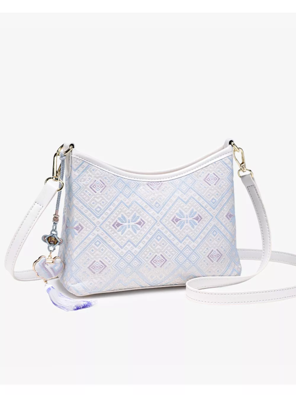 Geometric Pattern Jacquard Crossbody Bag with Tassel Charm, image 7