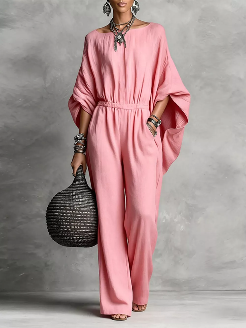 Full Size Boat Neck Batwing Sleeve Wide-Leg Jumpsuit Plus Size, image 2