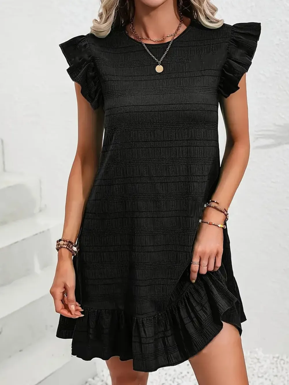 Full Size Ruffled Flutter Sleeve Textured Mini Dress Plus Size, image 8