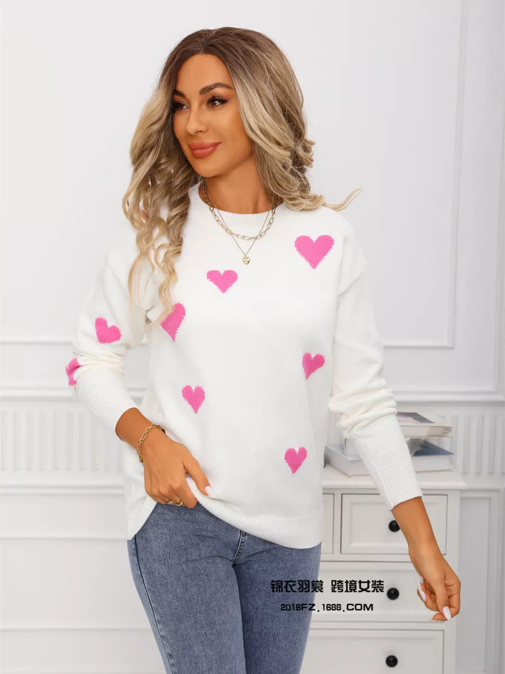 Valentine's Day Heart Print Round Neck Sweater, image 17