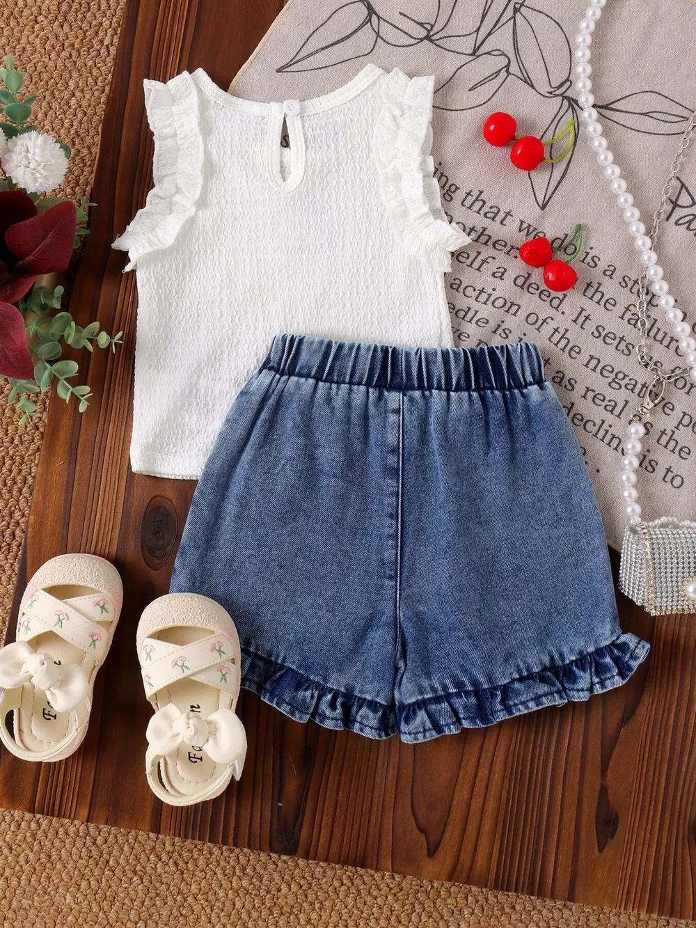 Children's Cherry Embroidered Top and Denim Shorts Set, image 5