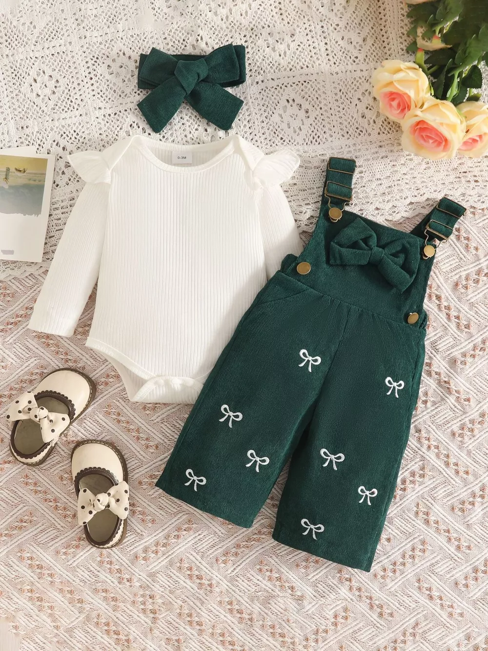 Children's Ribbed Bodysuit and Bow-Embroidered Overall Set with Headband, image 14