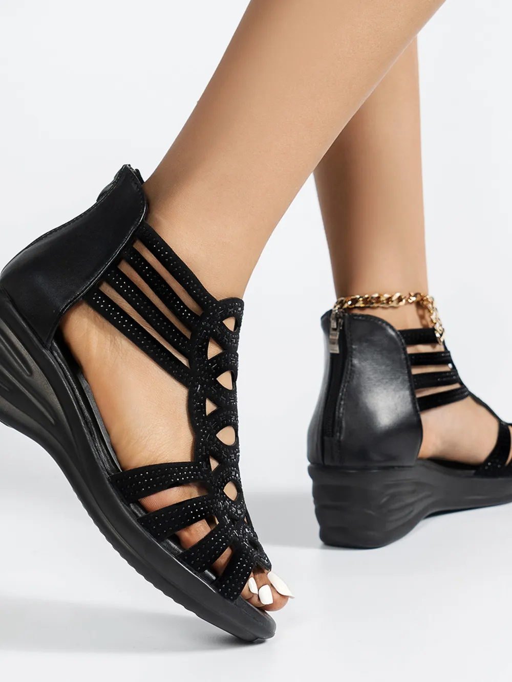 Strappy Wedge Sandals with Rhinestone Details, image 5