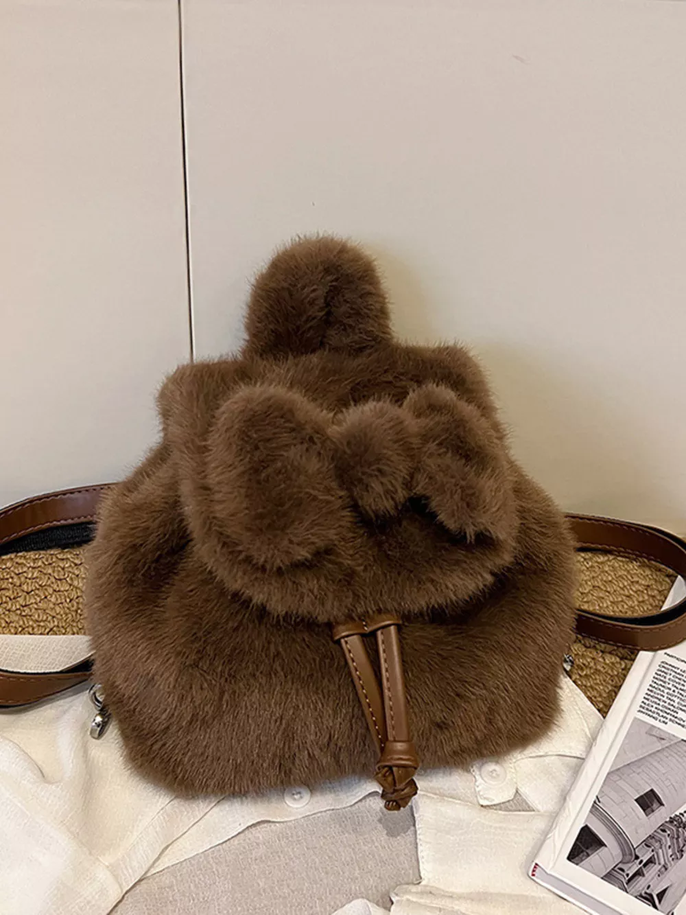 Fuzzy Plush Drawstring Backpack Bag, image 15