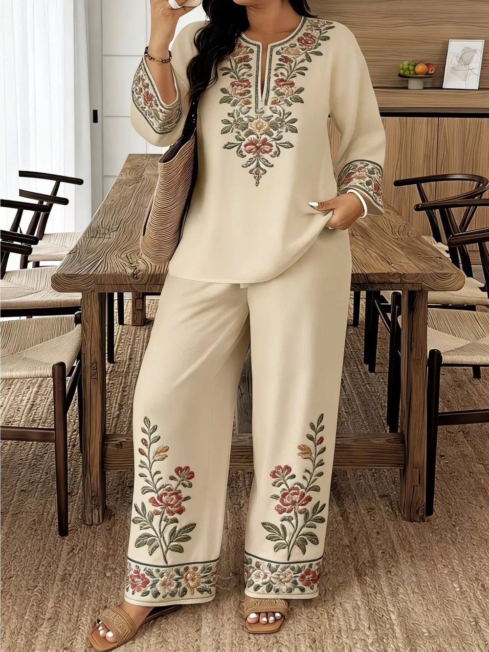 Full Size Embroidered Long Sleeve Top and Pants Set Plus Size, image 3
