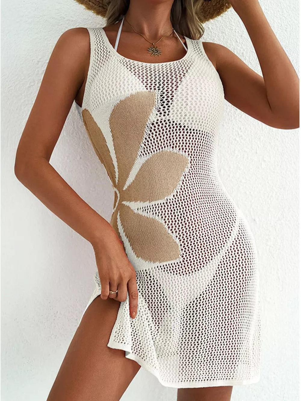 Side Slit Flower Crochet Knit Cover Up Dress, image 11