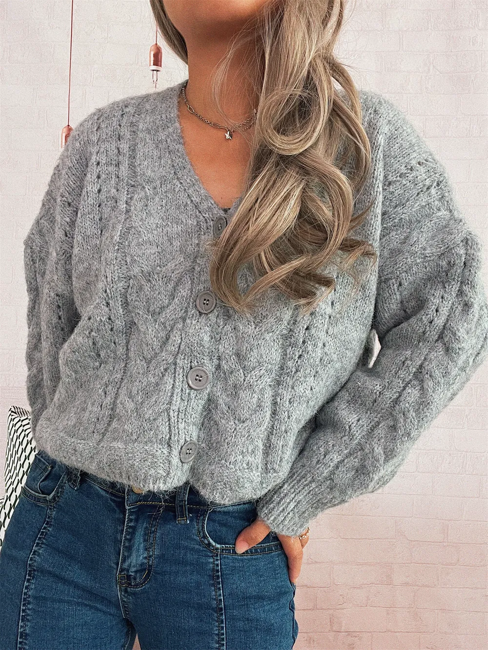 Cable Knit Button-Up Cardigan, image 7