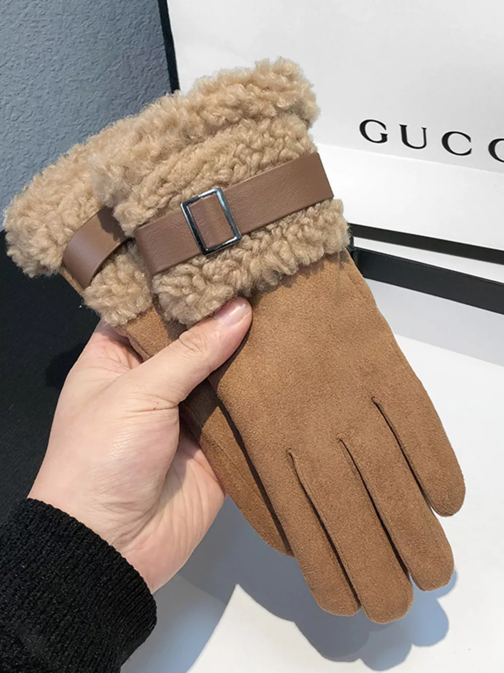 Suede Gloves with Fur Cuff, image 9