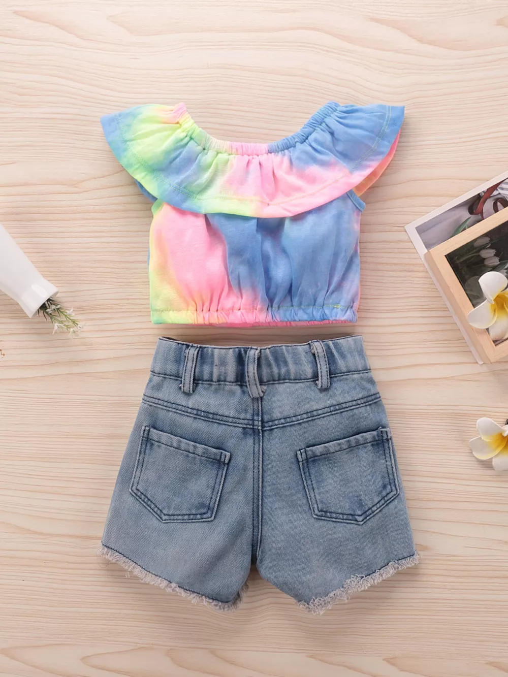 Children's Tie-Dye Ruffle Crop Top and Distressed Denim Shorts Set, image 10