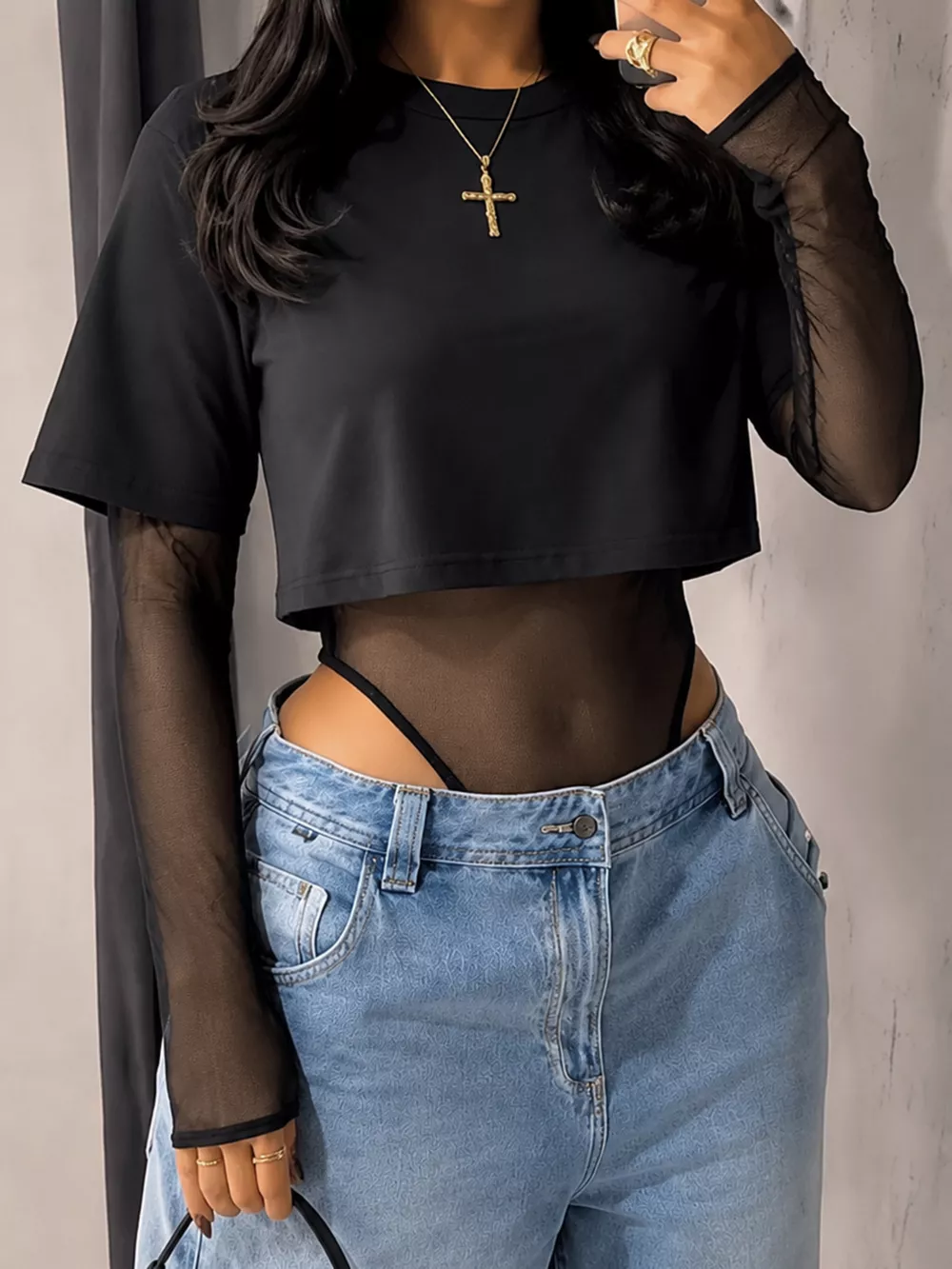 Sheer Mesh Long Sleeve Bodysuit, image 3
