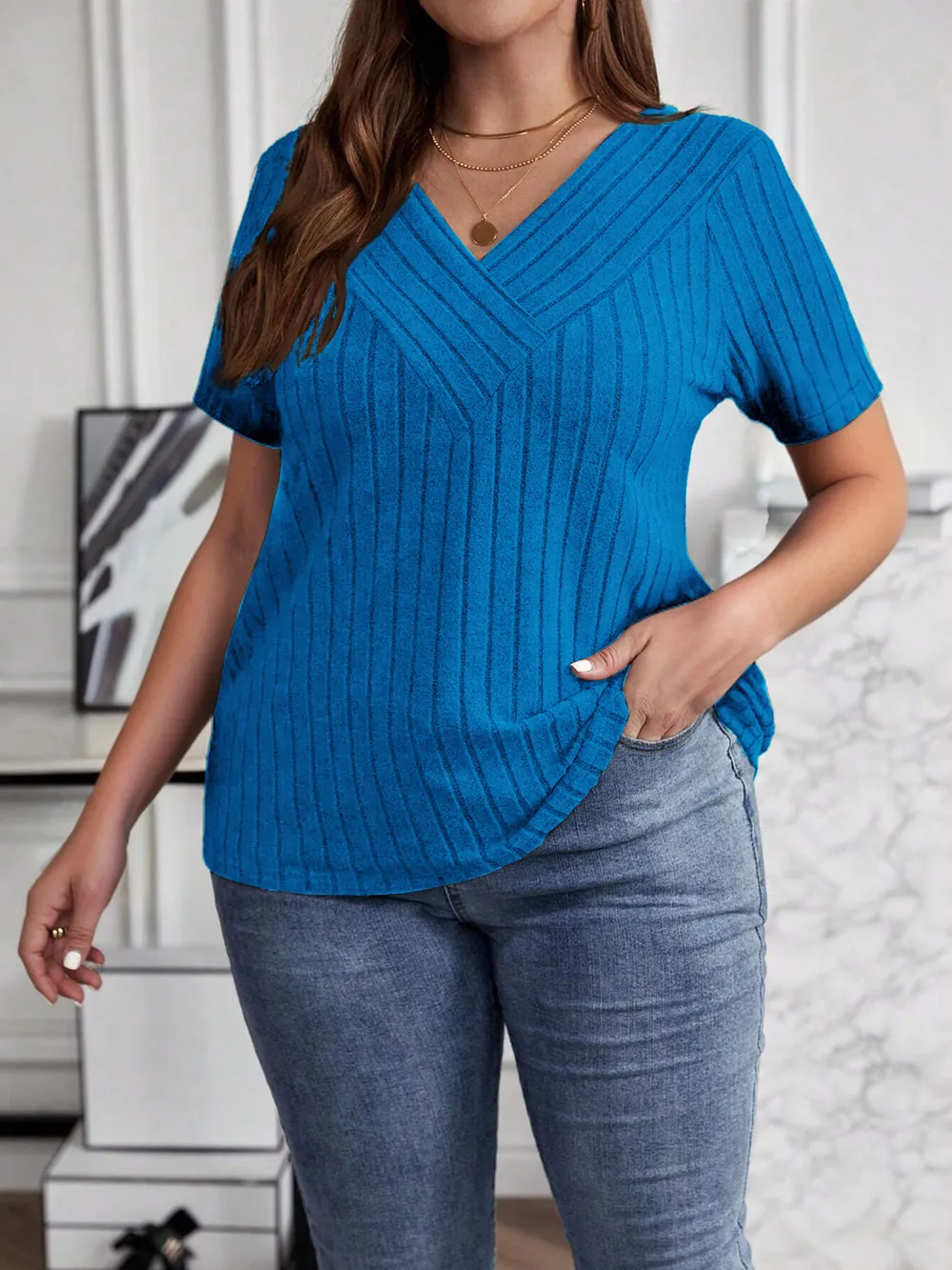 Plus Size V-Neck Short Sleeve Ribbed T-Shirt, image 5