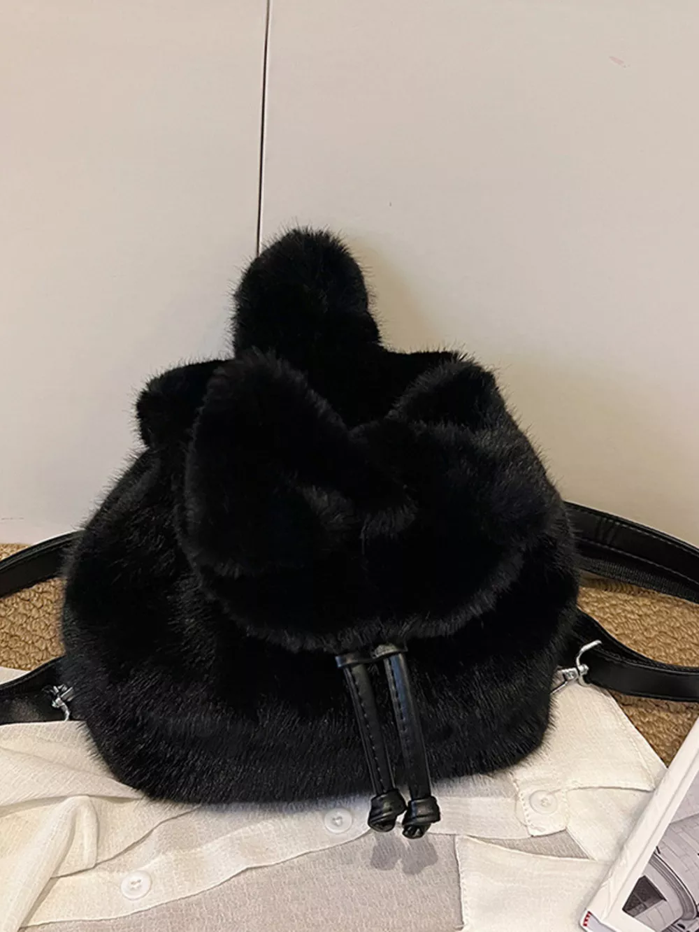 Fuzzy Plush Drawstring Backpack Bag, image 5