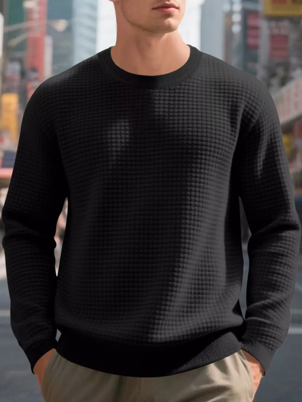 Men's Full Size Classic Waffle-Knit Crew Neck Sweatshirt Plus Size, image 2