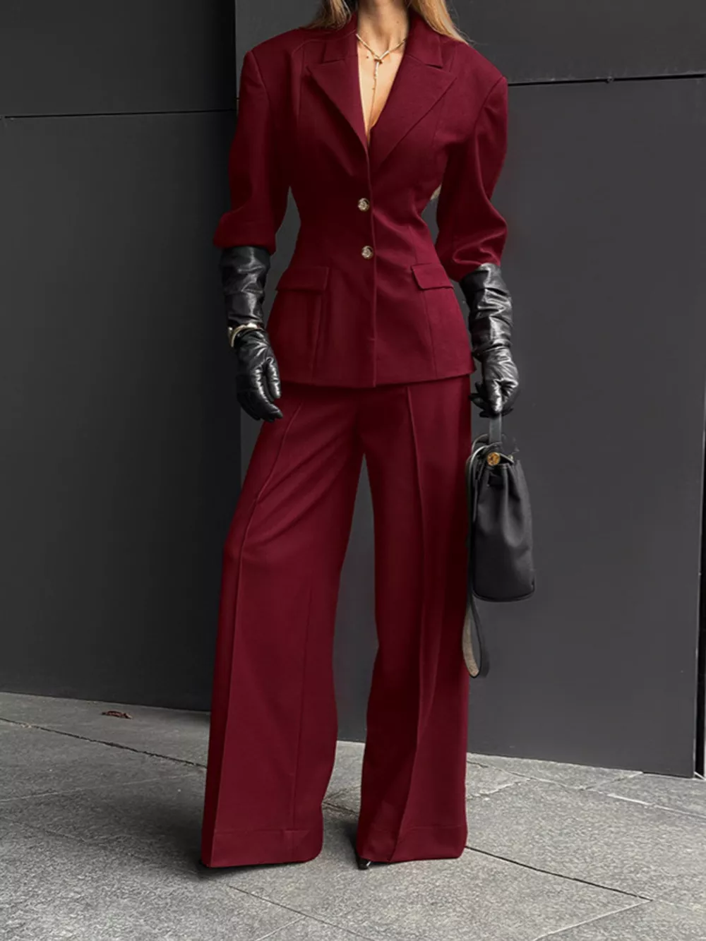 Single-Breasted Blazer and Wide-Leg Pants Set