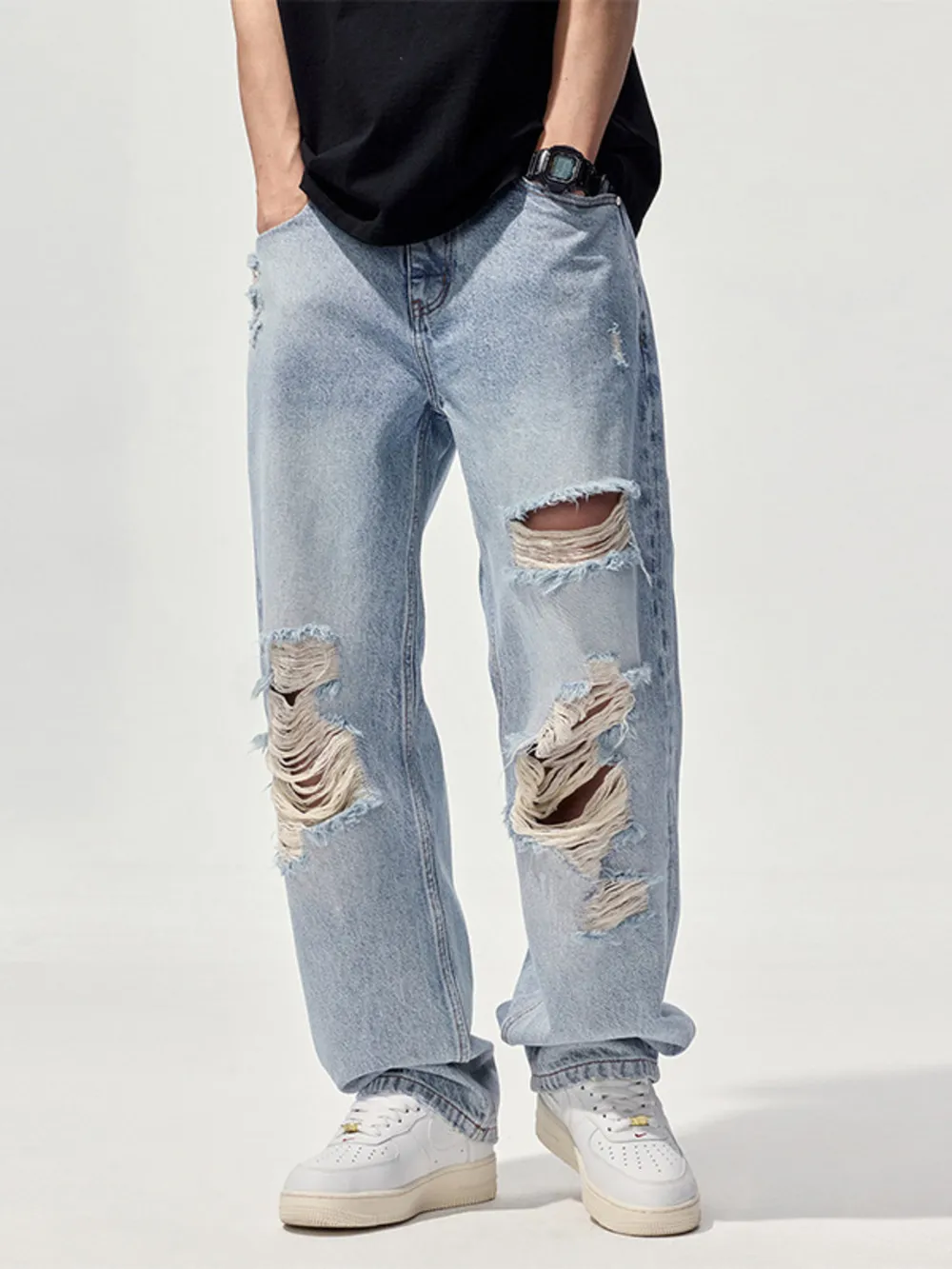 Men's Distressed Washed Wide Leg Jeans