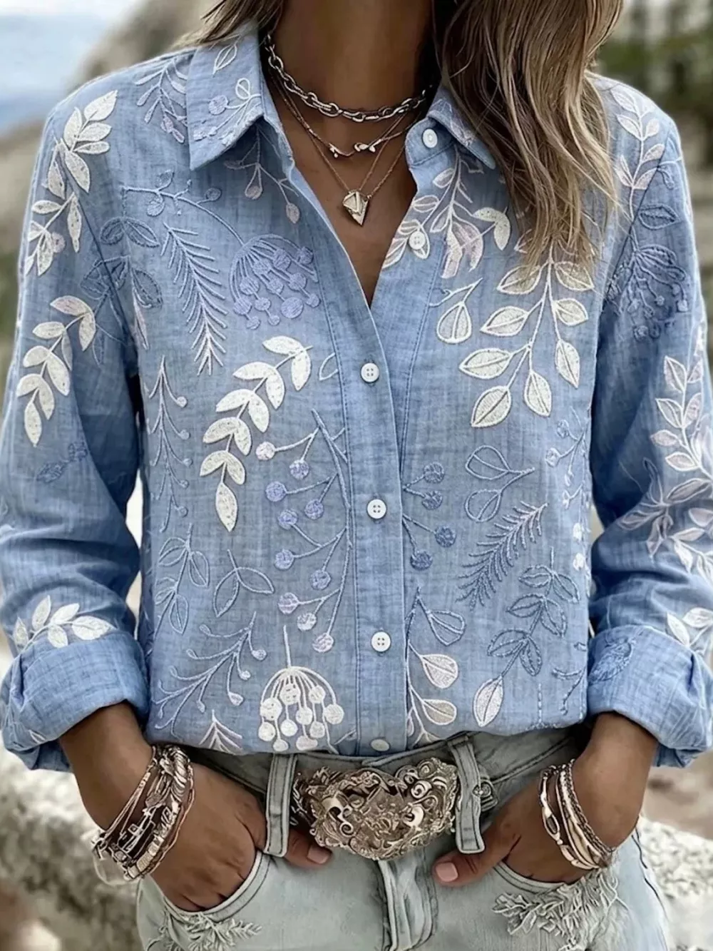 Full Size Leaf Embroidered Button-Down Shirt Plus Size