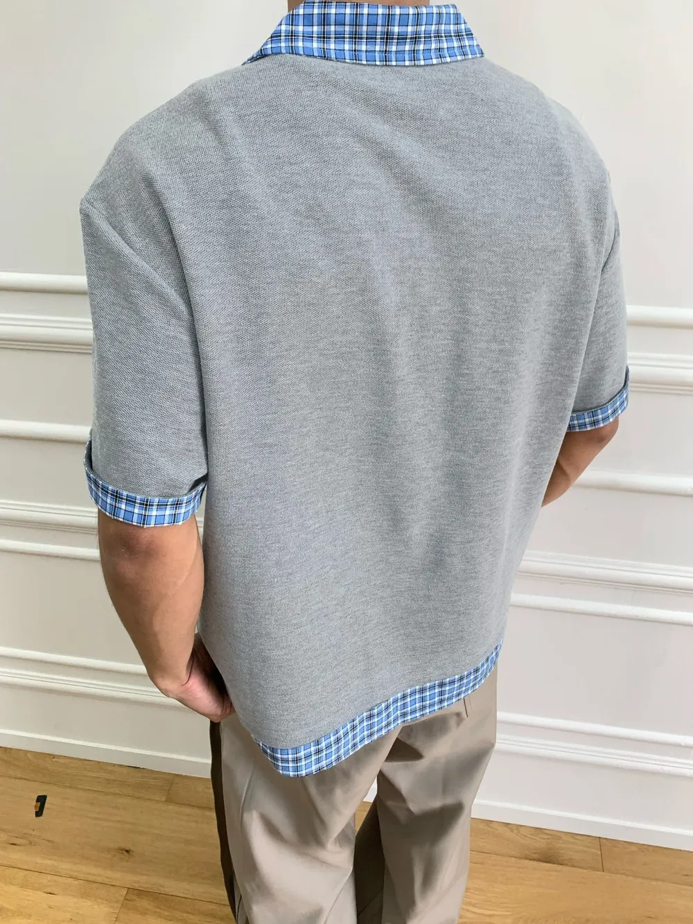 Men's Casual Polo Shirt with Plaid Collar, image 2