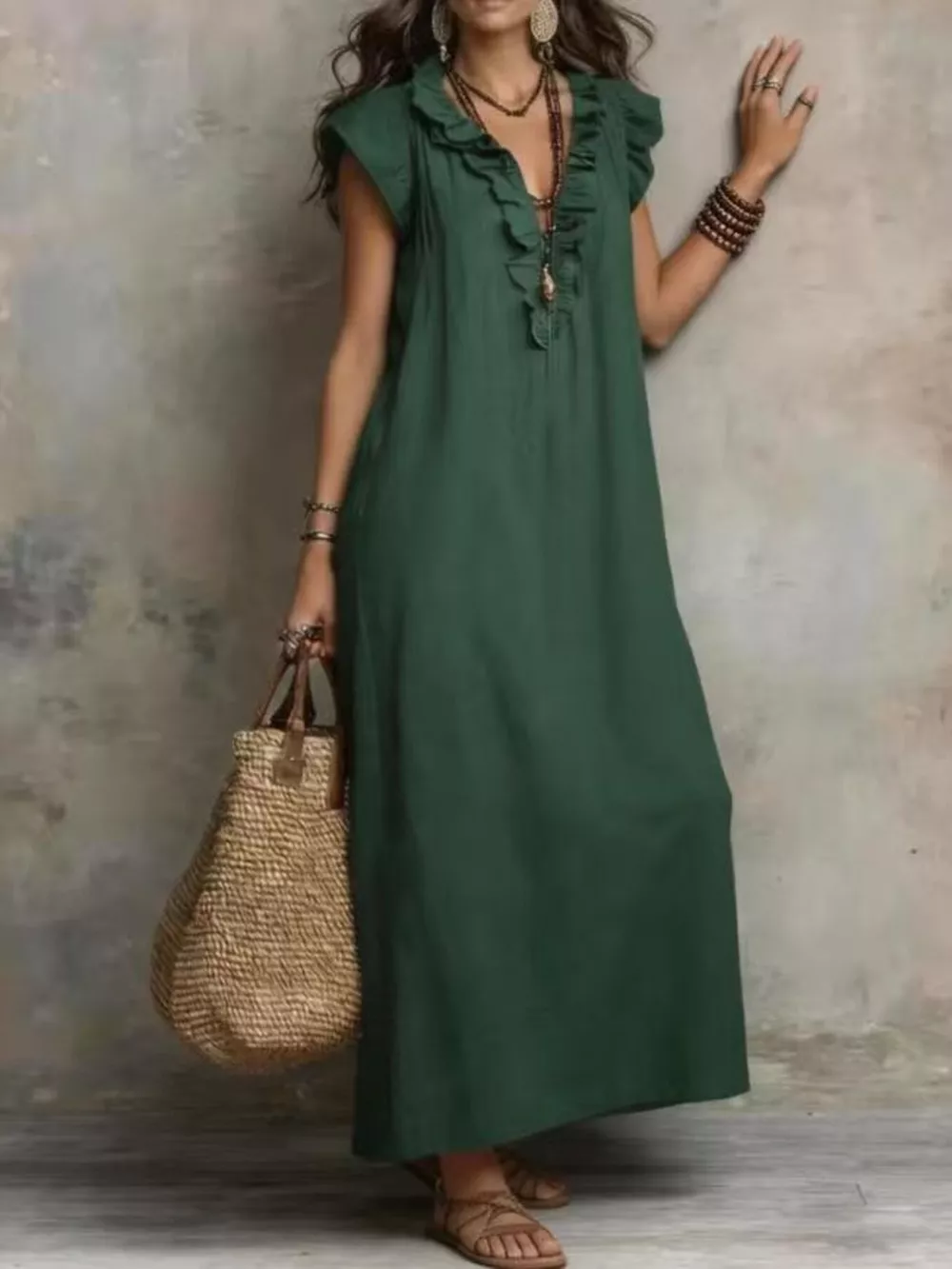 Full Size Bohemian Ruffle Neck Maxi Dress Plus Size, image 4