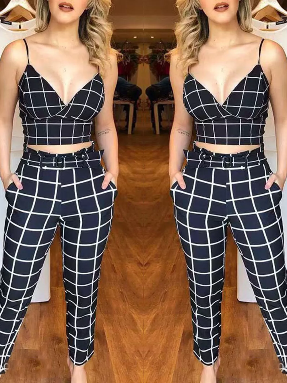 Grid Print Crop Top and Pants Set, image 3