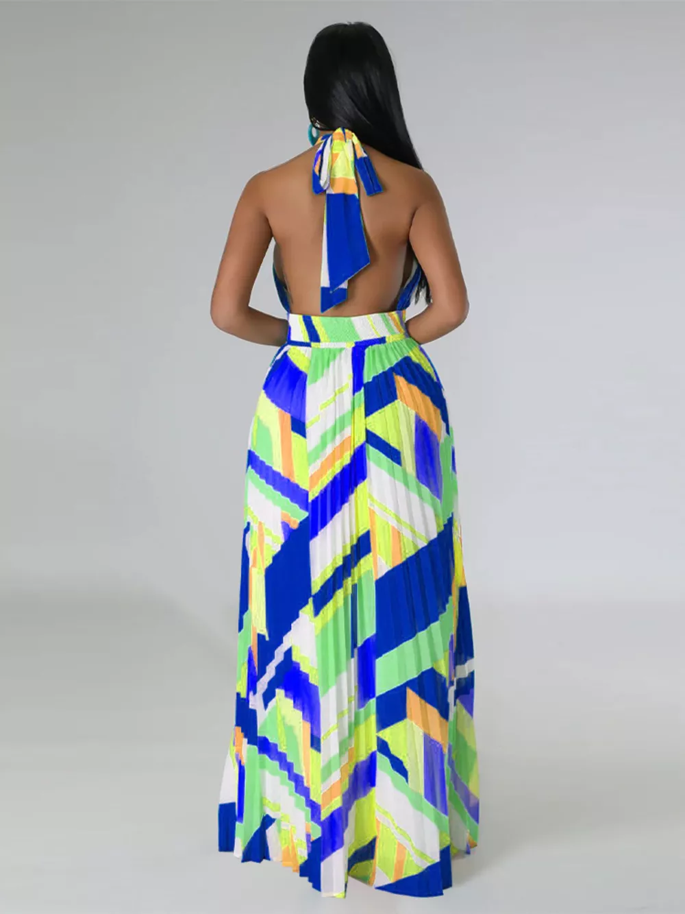 Halter Neck Geometric Print Pleated Maxi Dress, image 18