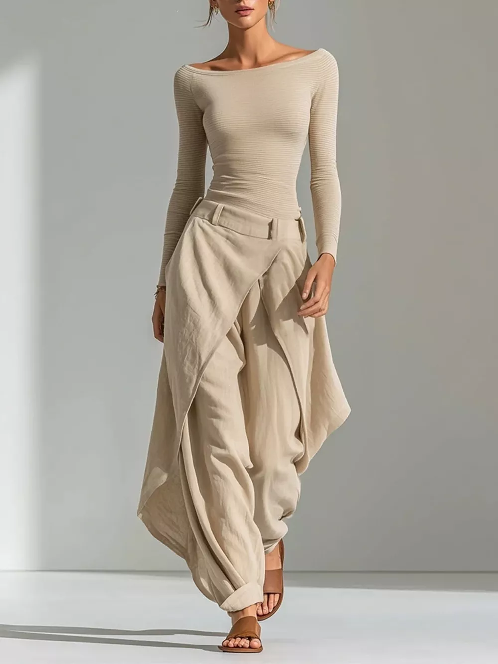 Boat Neck Long Sleeve Top and Wrap-Front Wide Leg Pant Set
