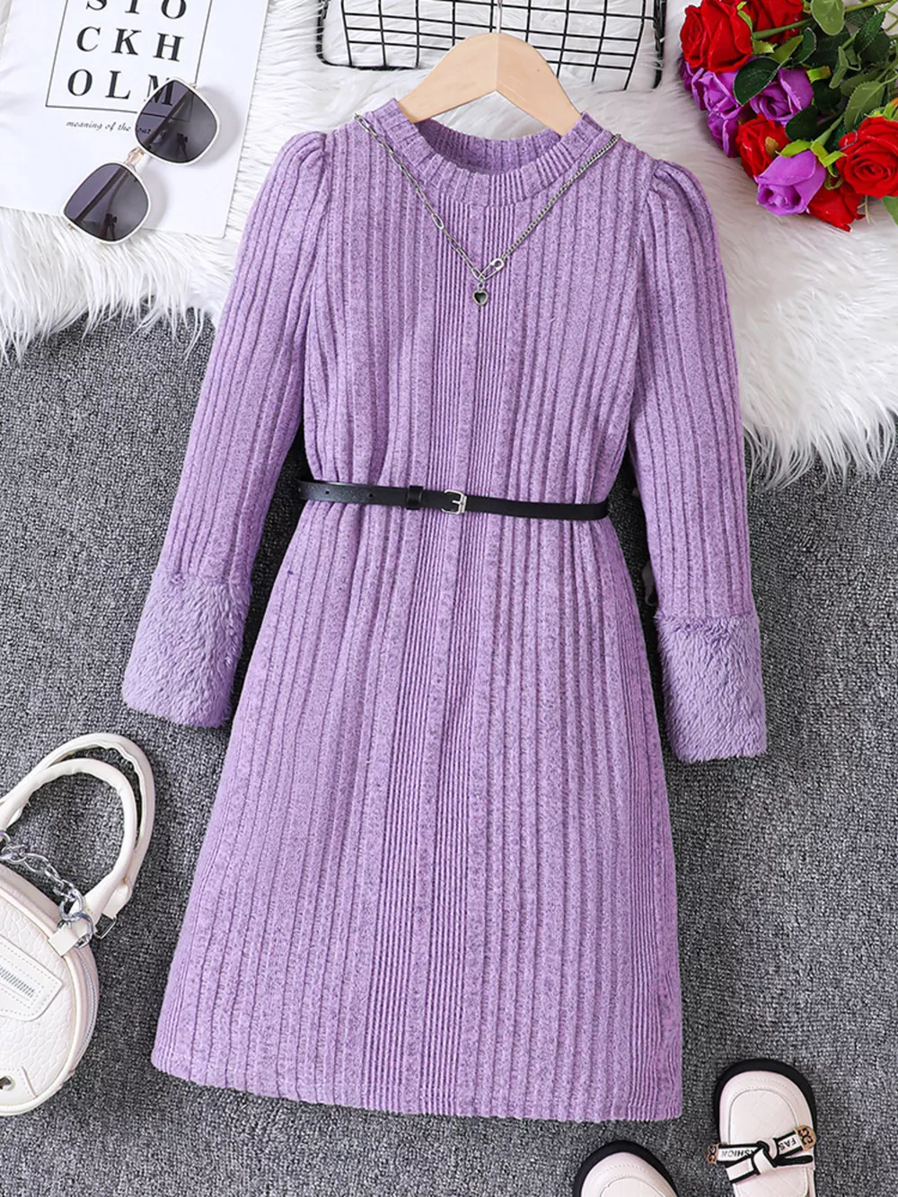 Children's Ribbed Knit Long Sleeve Dress, image 2