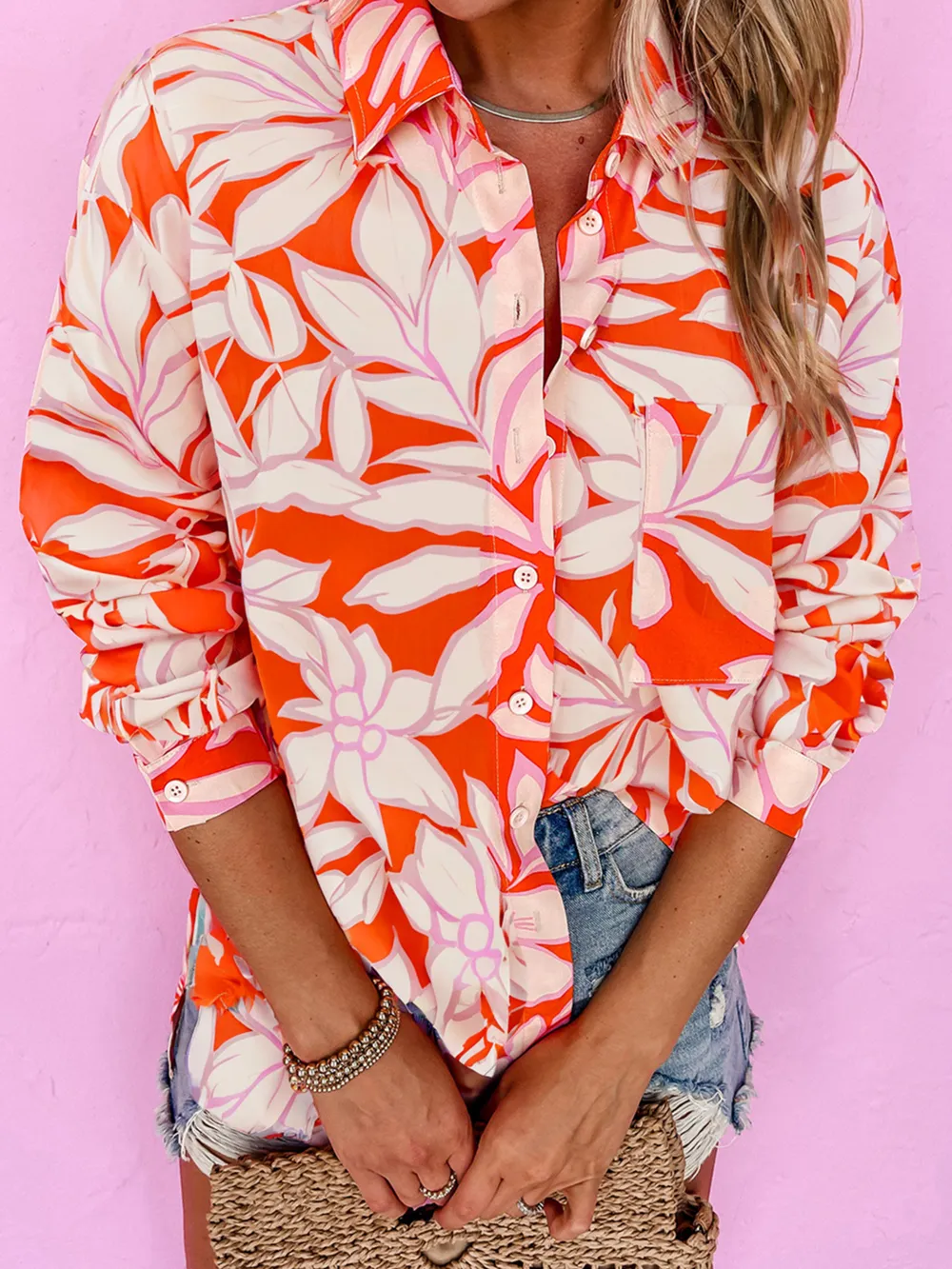 Botanical Print Single Chest Pocket Button Up Shirt
