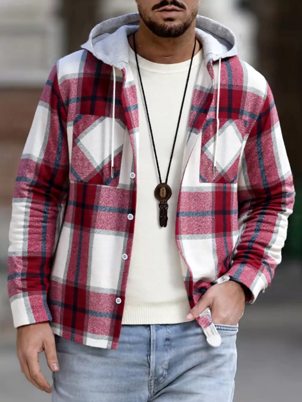 Men's Full Size Casual Plaid Hooded Shacket with Dual Chest Pockets Plus Size, image 4