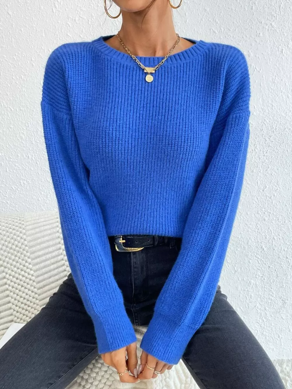 Ribbed Knit Dropped Shoulder Sweater, image 3