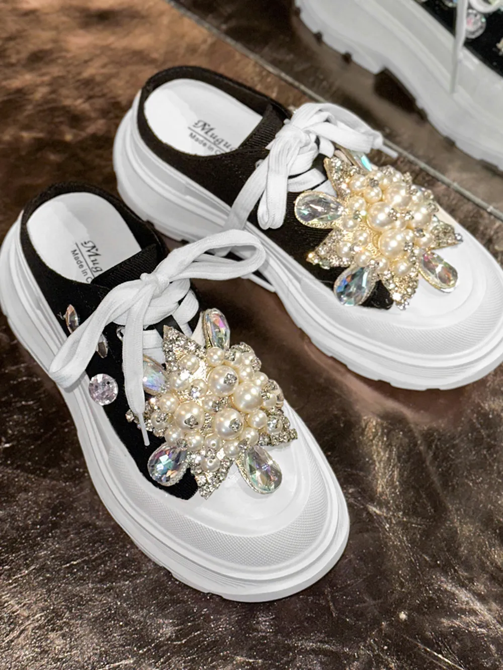 Pearl Embellished Platform Slip-Ons, image 4