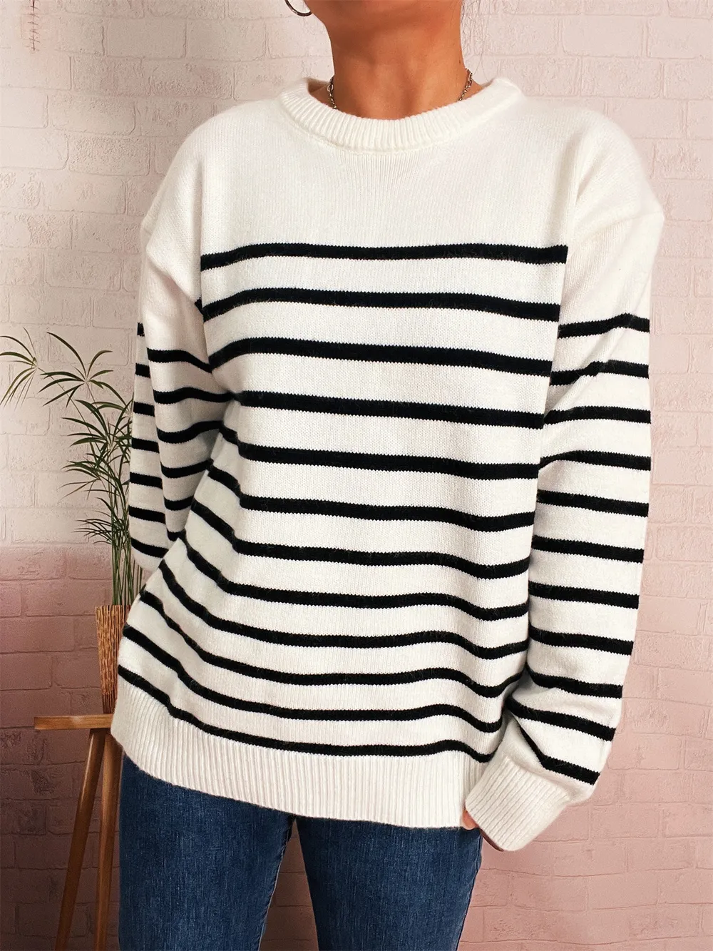 Striped Round Neck Drop Shoulder Sweater, image 3