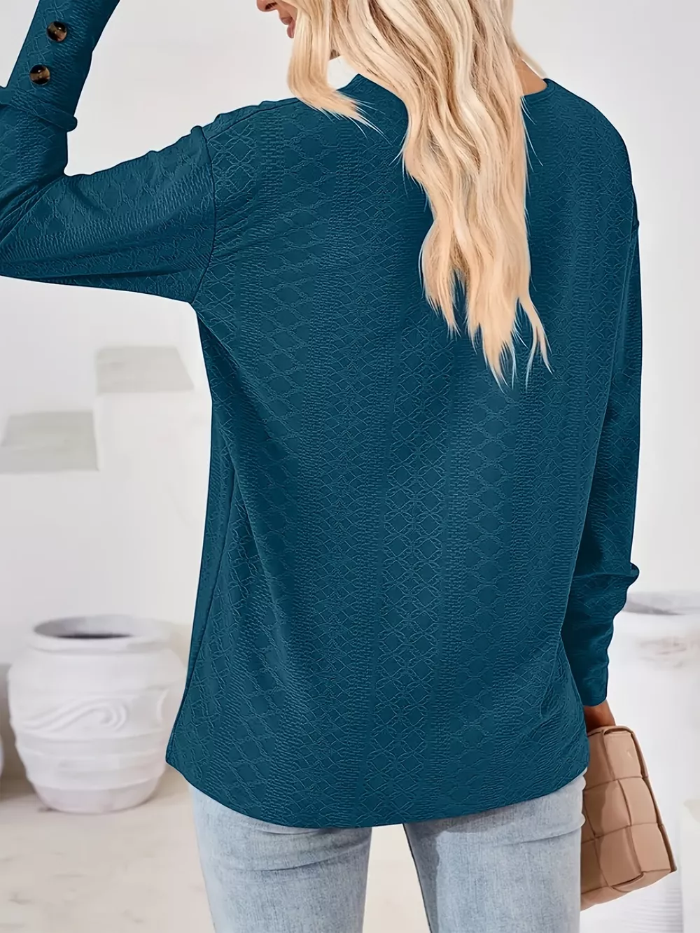 Plus Size V-Neck Textured Long Sleeve T-Shirt, image 10