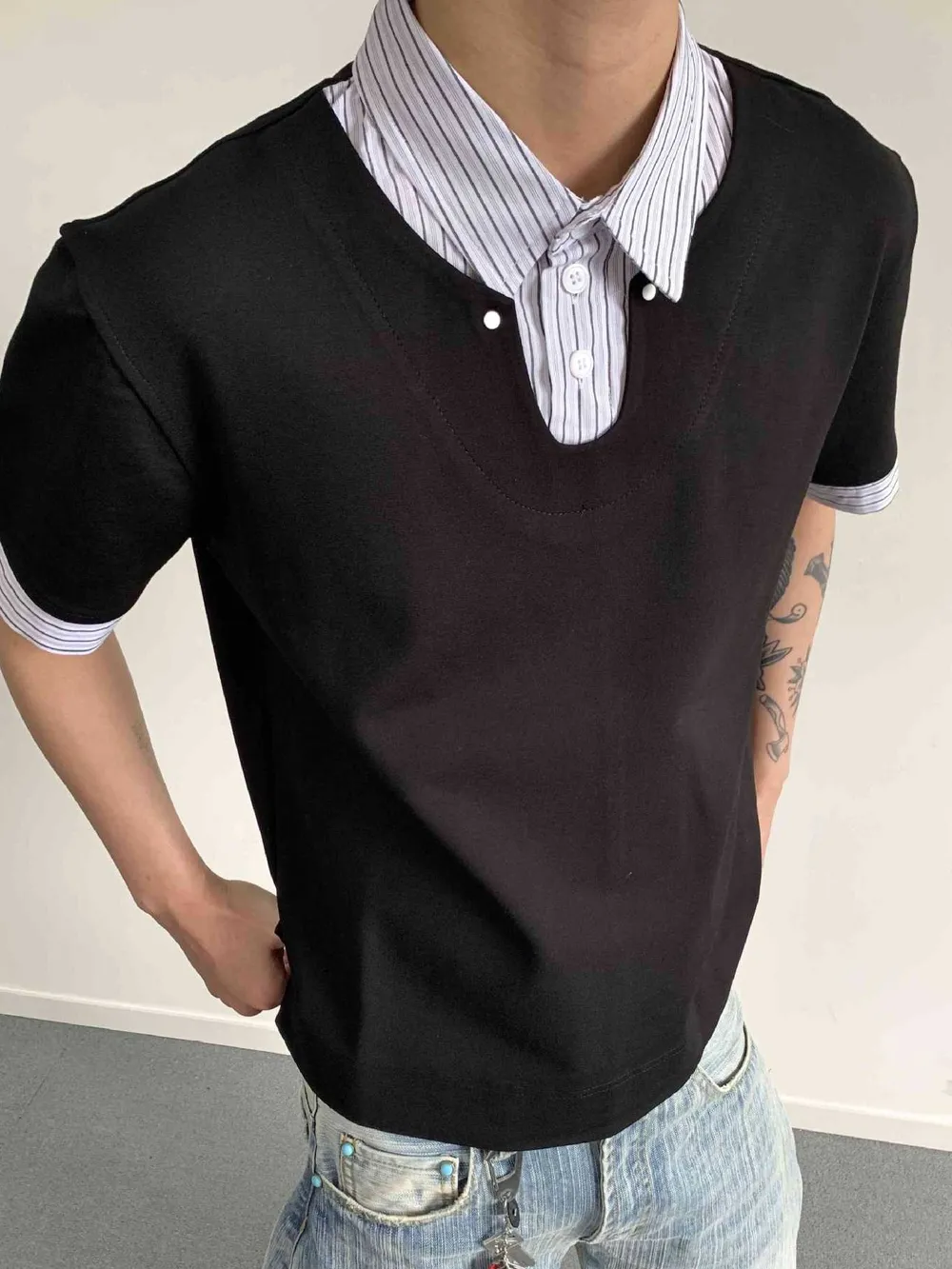 Men's Layered-Look Striped Collar Polo