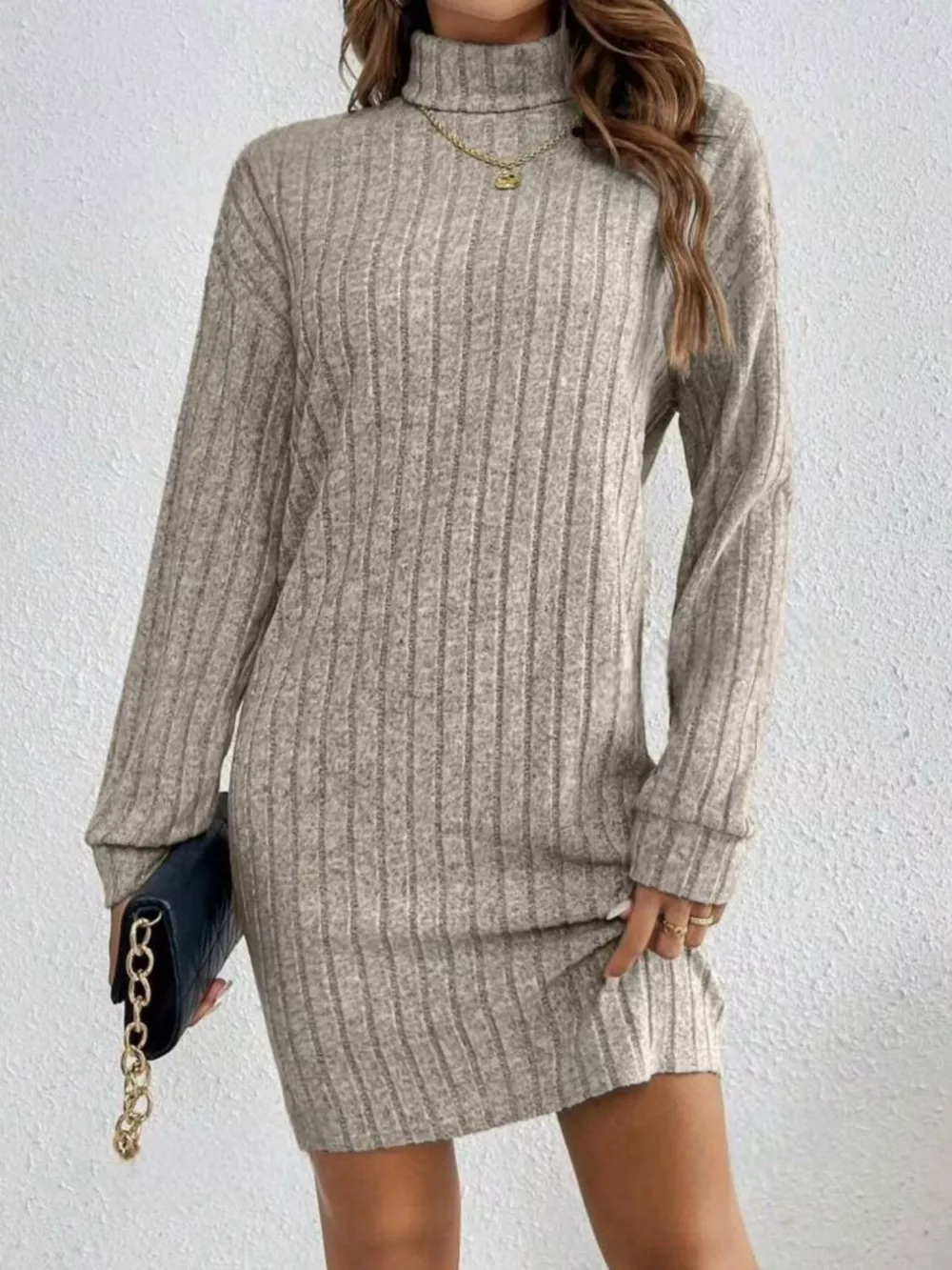 Ribbed Knit Turtleneck Mini Dress, image 2