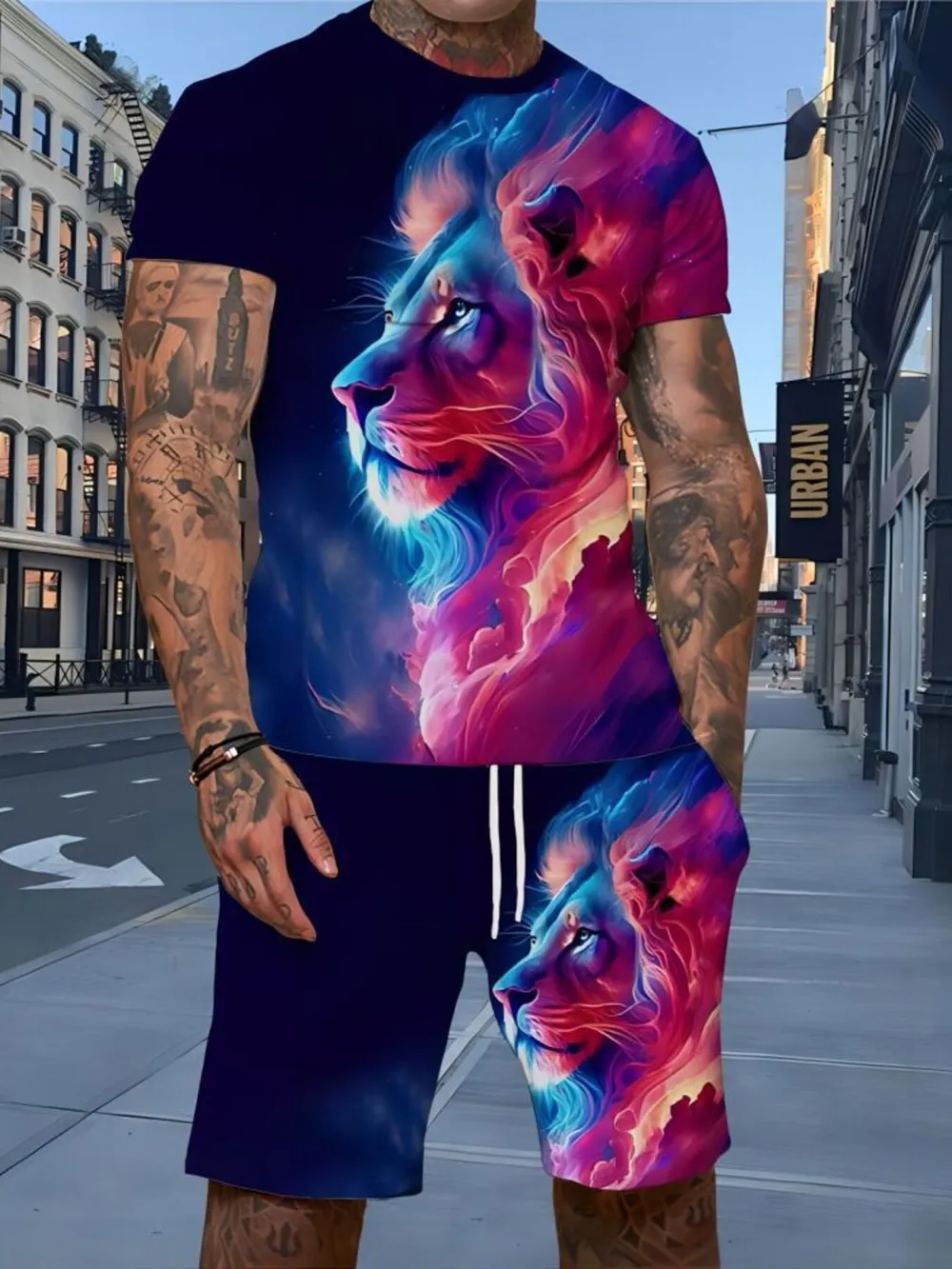 Men's Full Size Round Neck Tee and Shorts Set Plus Size, image 2