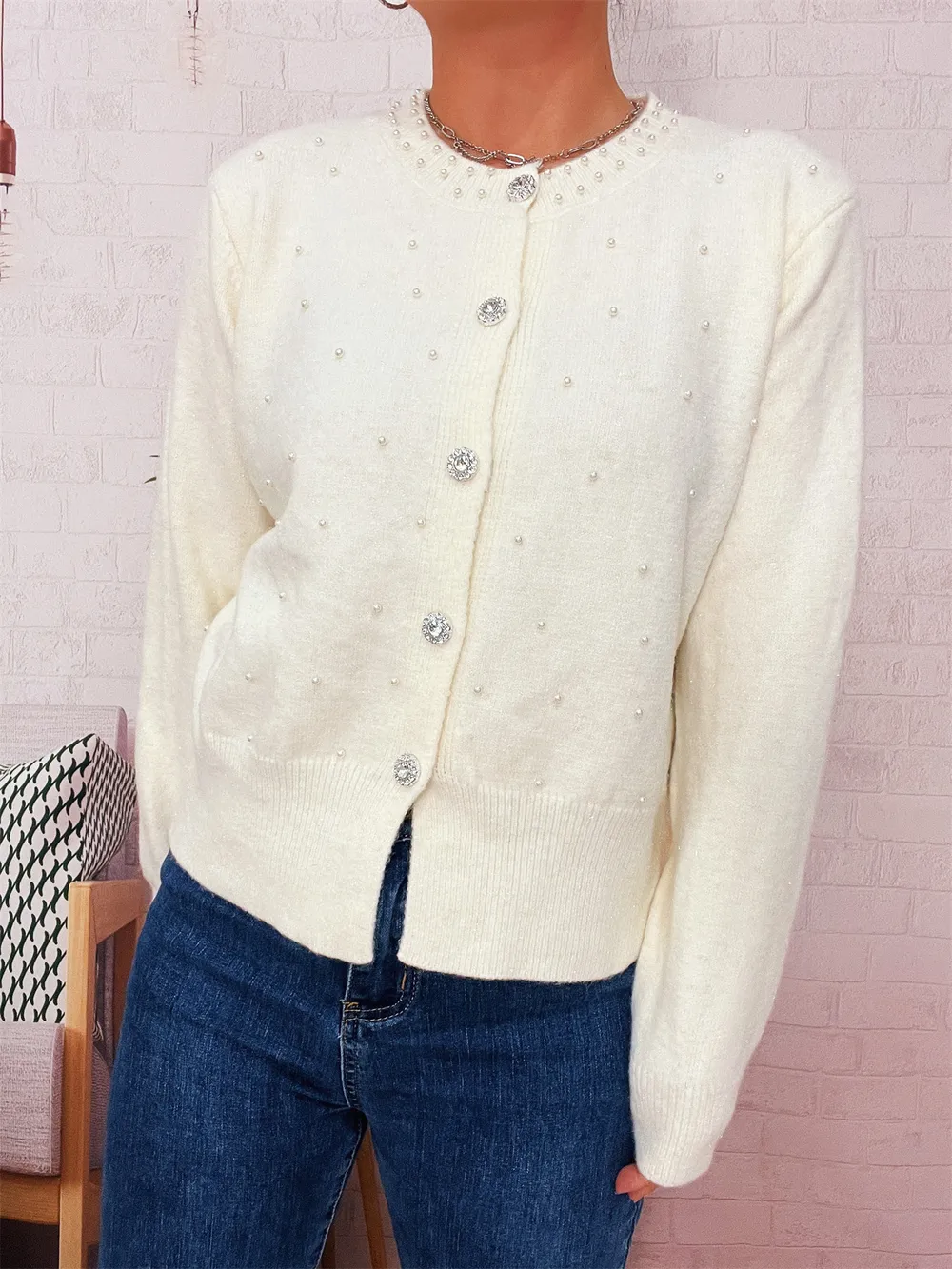 Pearl Detail Button-Front Cardigan, image 17