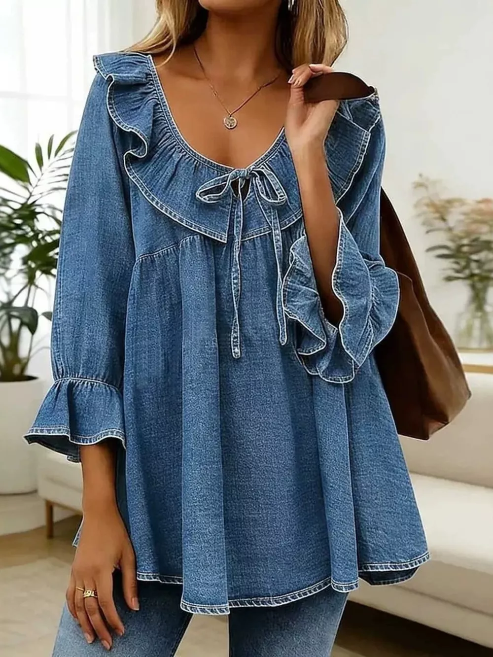 Full Size Ruffled V-Neck Denim Top with Tie-Front Detail Plus Size
