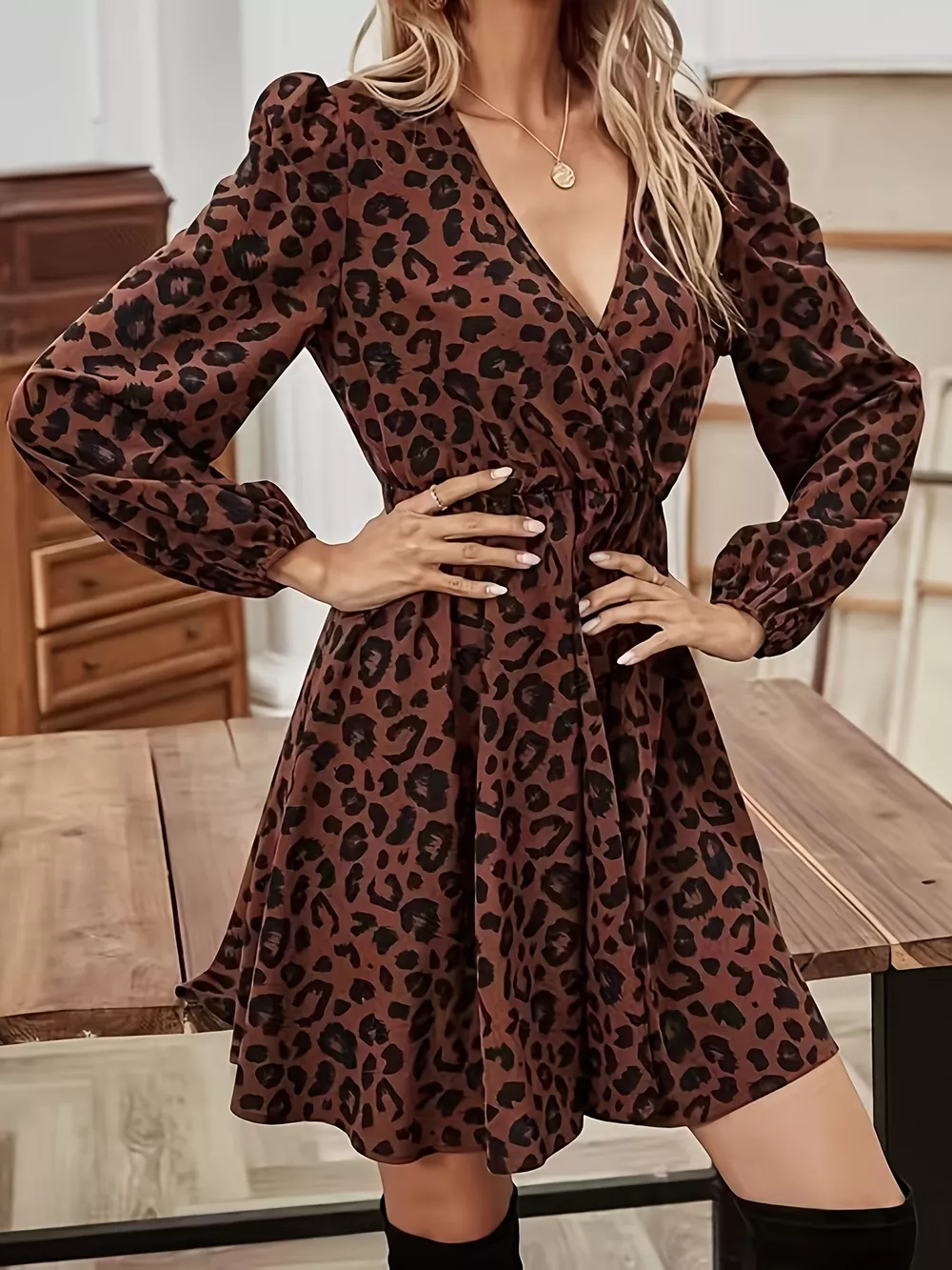 Leopard Print V-Neck Long Sleeve Mini Dress, image 2