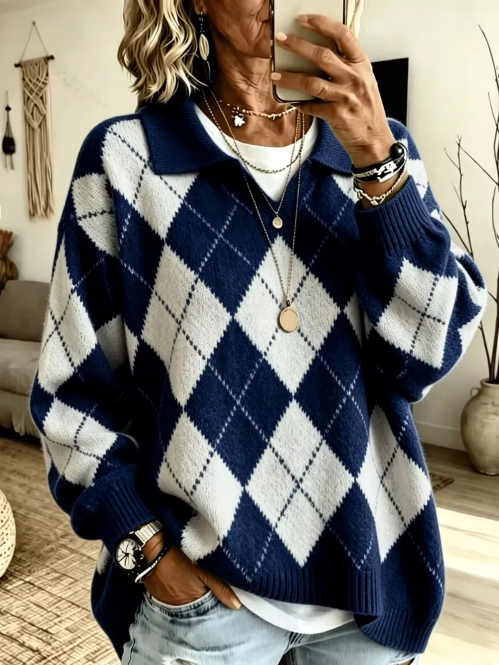Argyle Pattern Collared Pullover Sweater, image 7