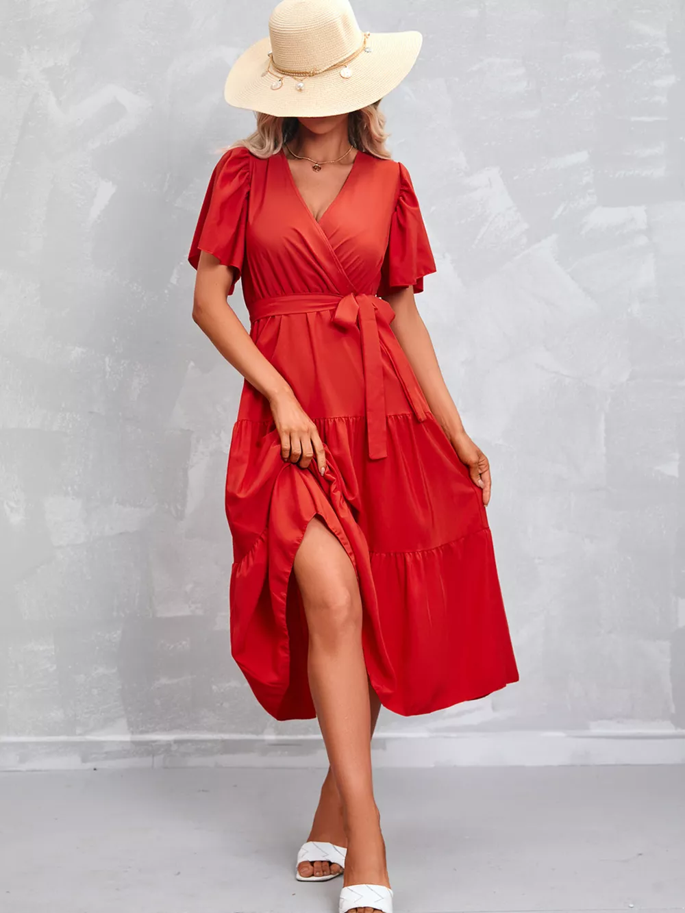 Flutter Sleeve Tiered Midi Dress, image 3