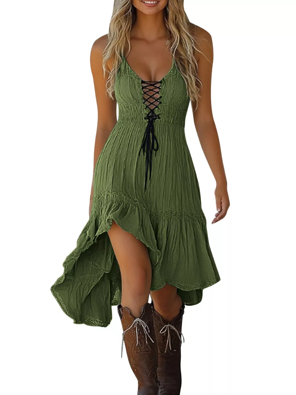 Lace-Up Front High-Low Ruffle Hem Dress, image 7